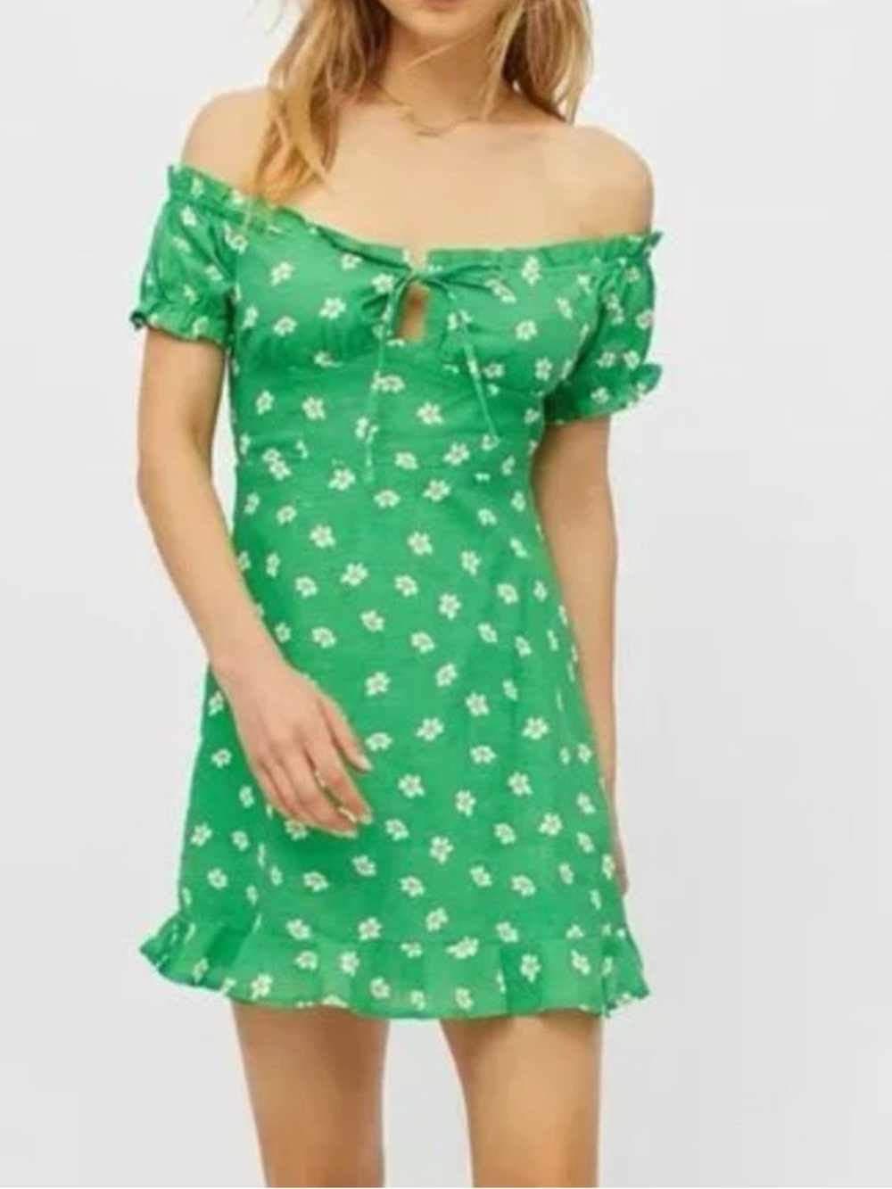 Urban Outfitters UO Magpie Off Shoulder Green Daisy Mini Dress